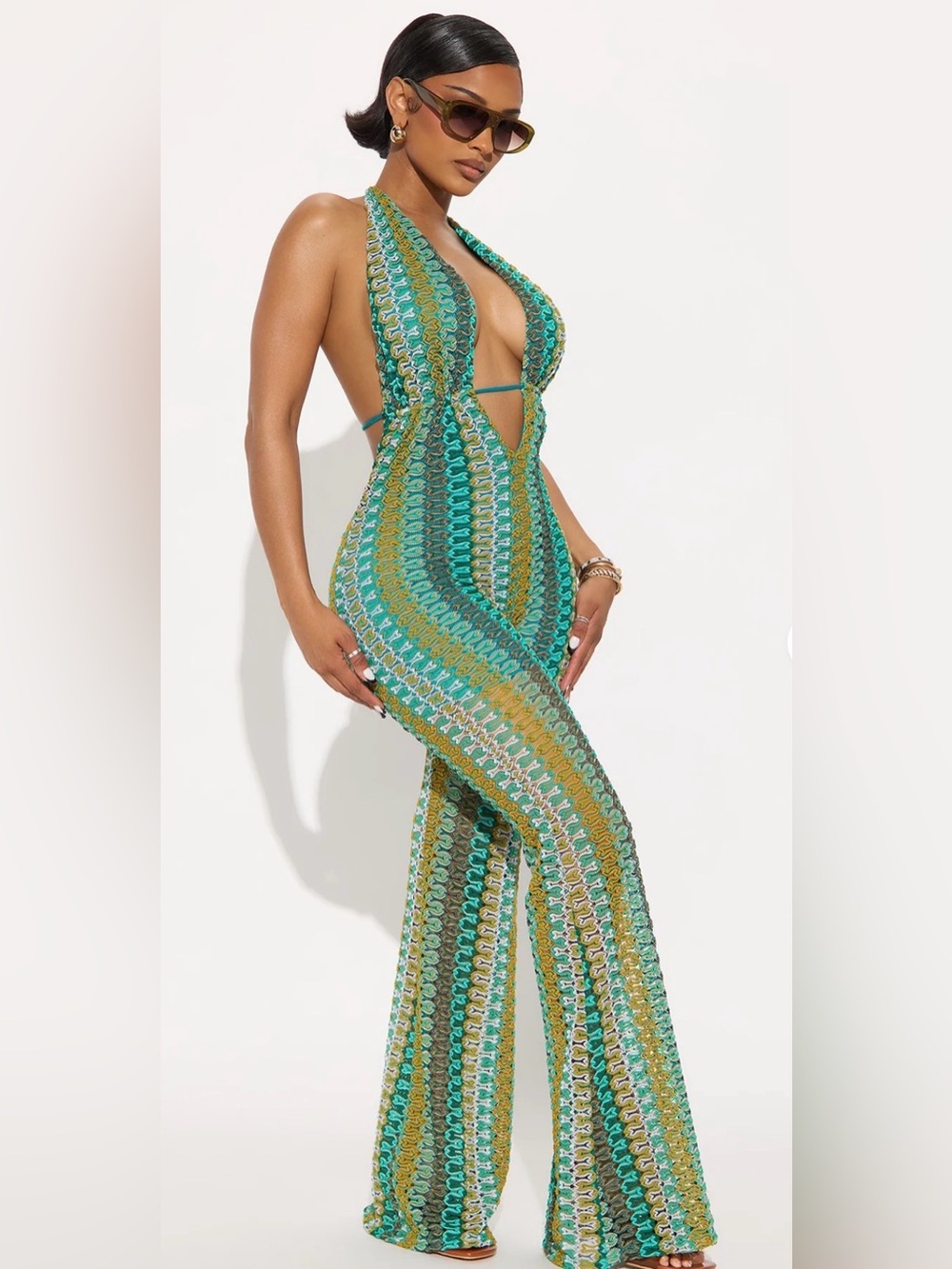 Fashion Nova Teal & Lime Backless Halter Knit Jumpsuit